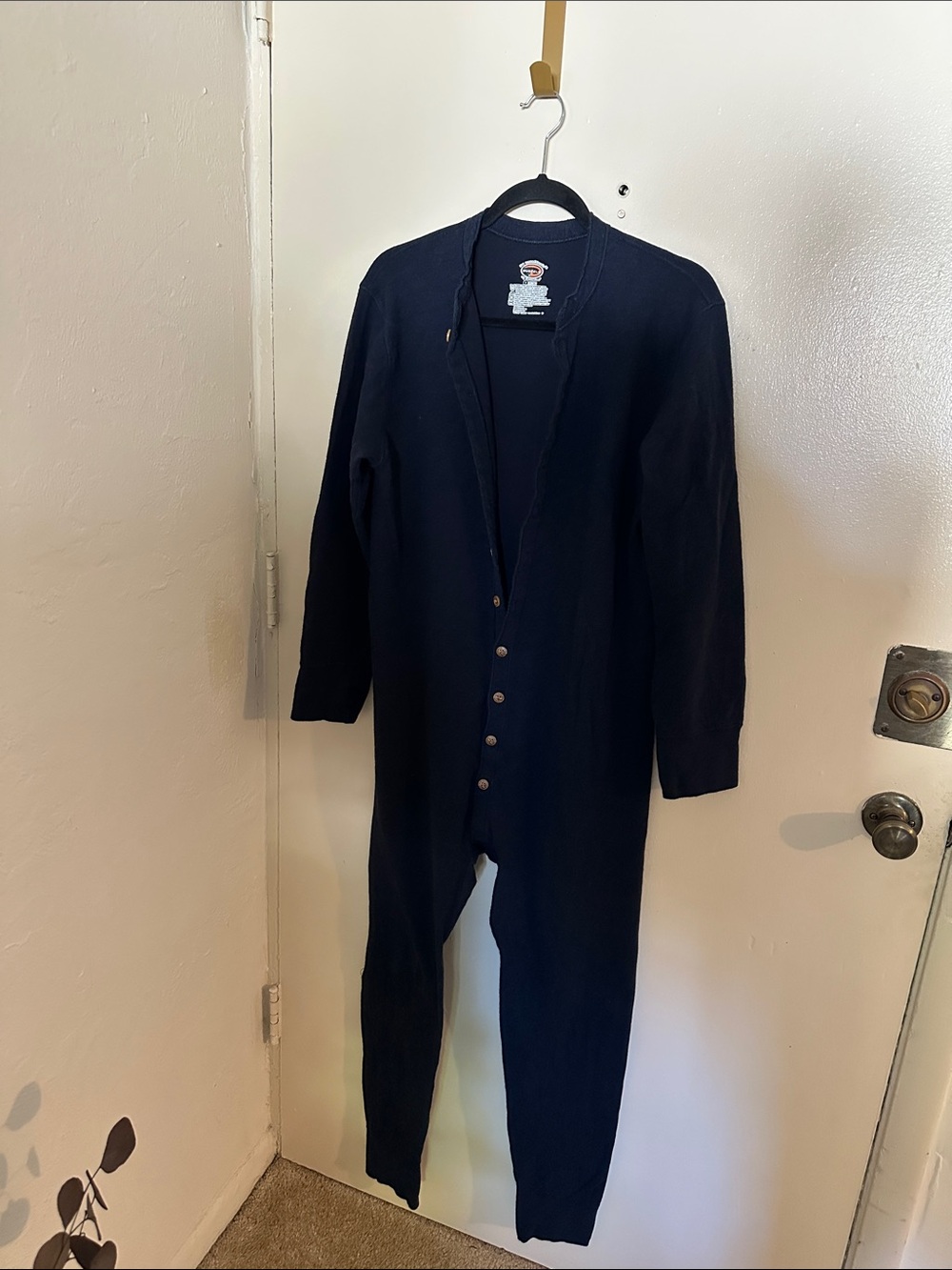 Duofold Navy Solid Knit Long Sleeve Button Front Sleep Jumpsuit L